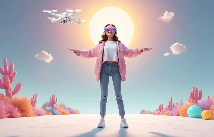 Girl Operating Drone 3D Cartoon Illustration